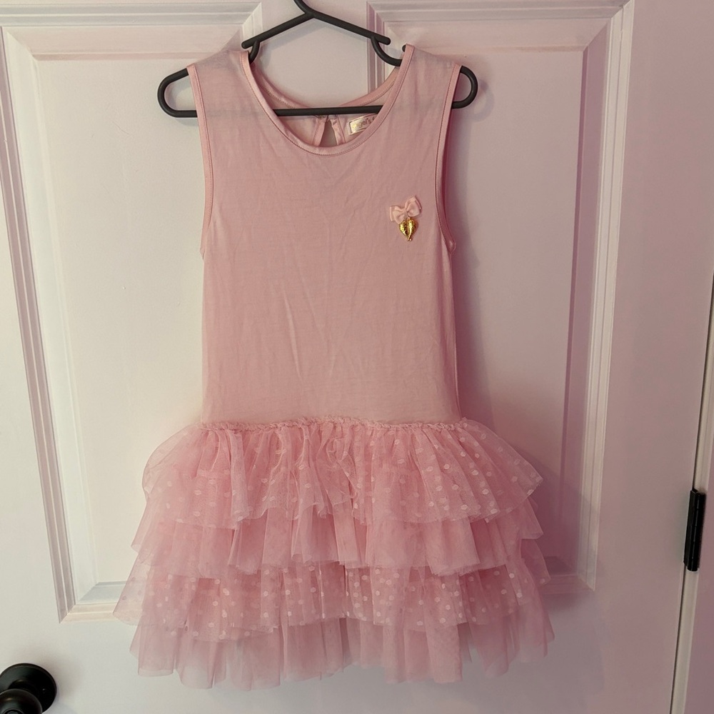 Pink Tulle Layered Girls Dress with Bow Accent